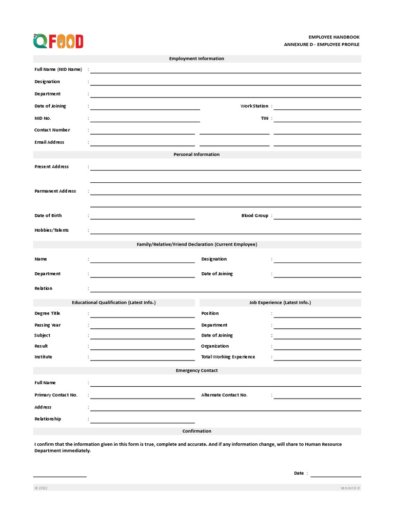 Employee Profile Format for QFood | PDF | Business | Labor