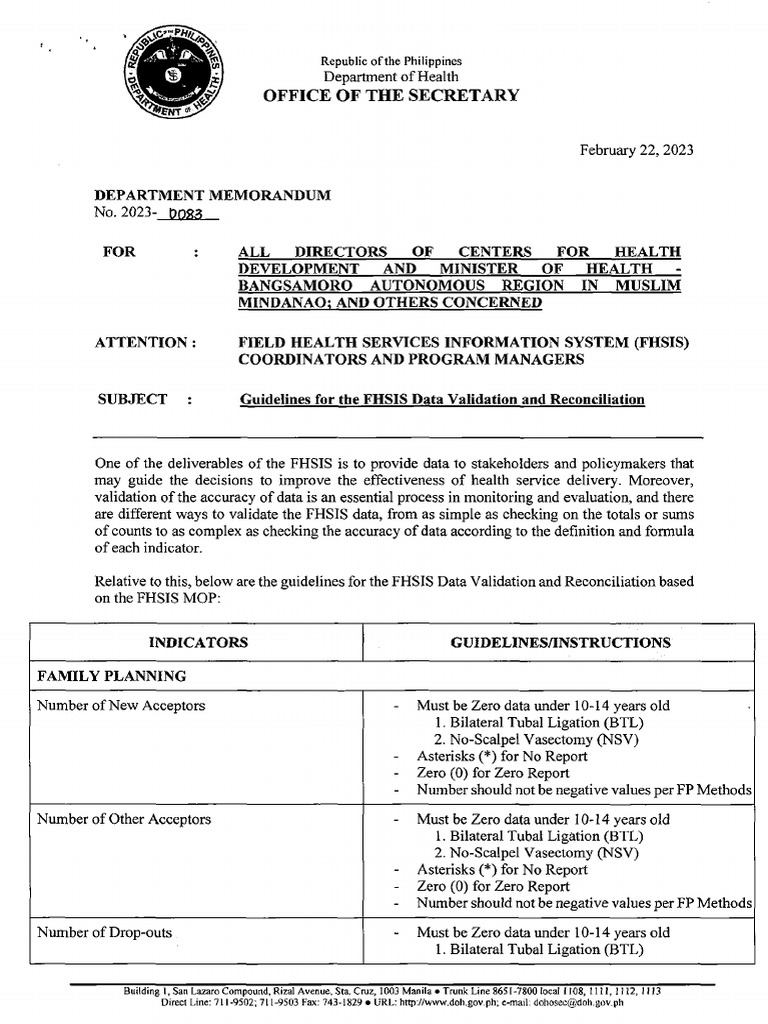 Dm no 2023 0083 guidelines for the fhsis data validation and