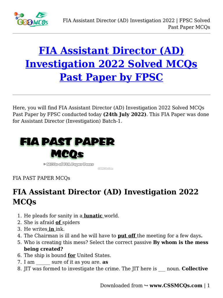 FIA Assistant Director 2022 Past Paper MCQs | PDF | Pakistan