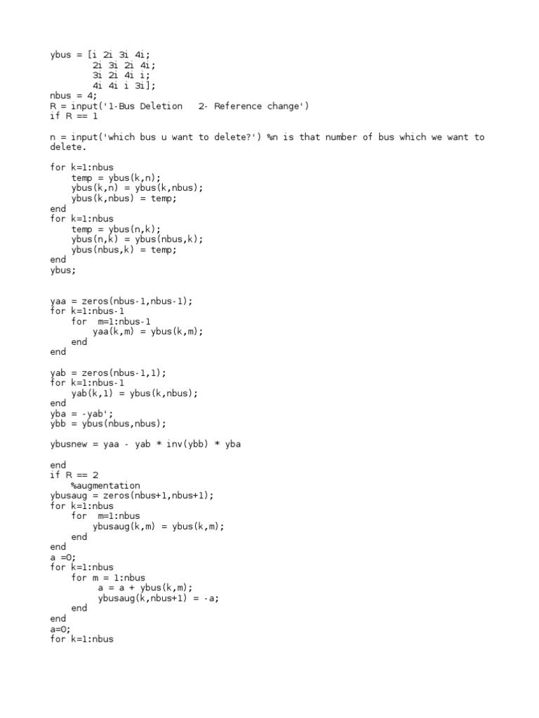 MATLAB Ybus Matrix Manipulation | PDF