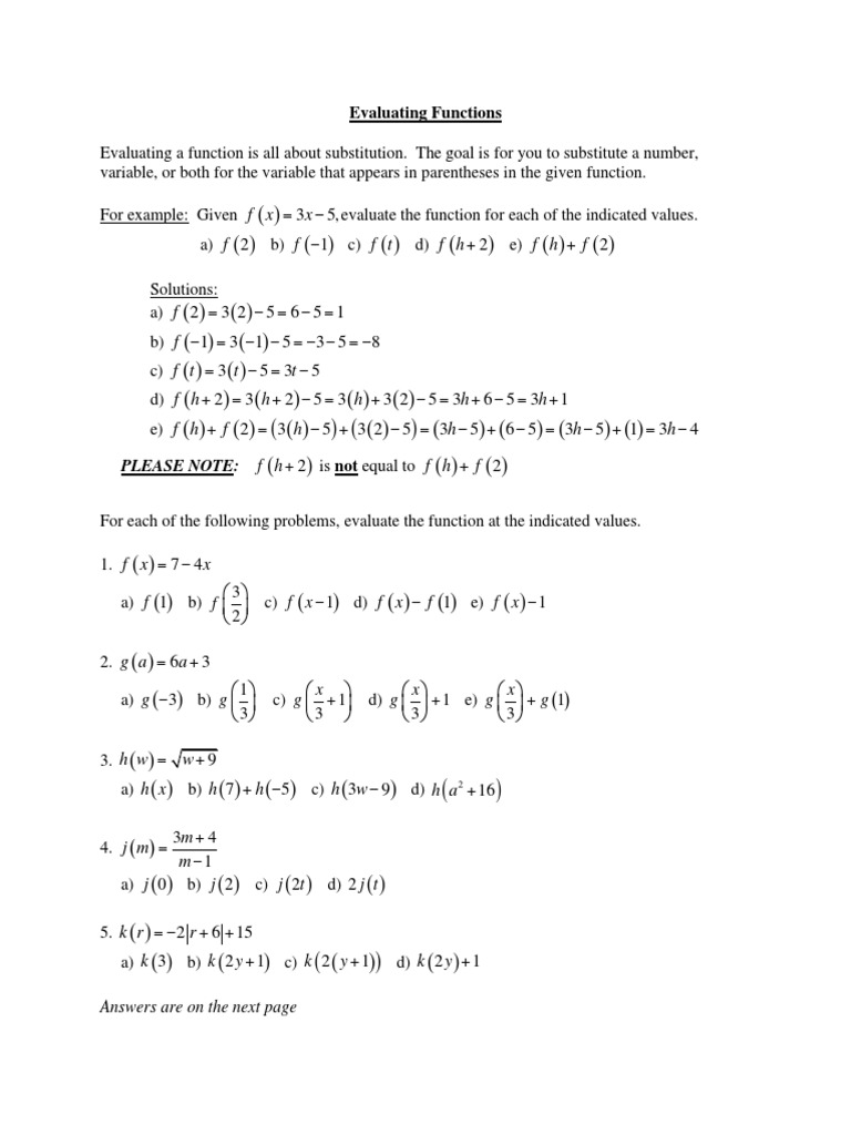 Evaluating functions pdf
