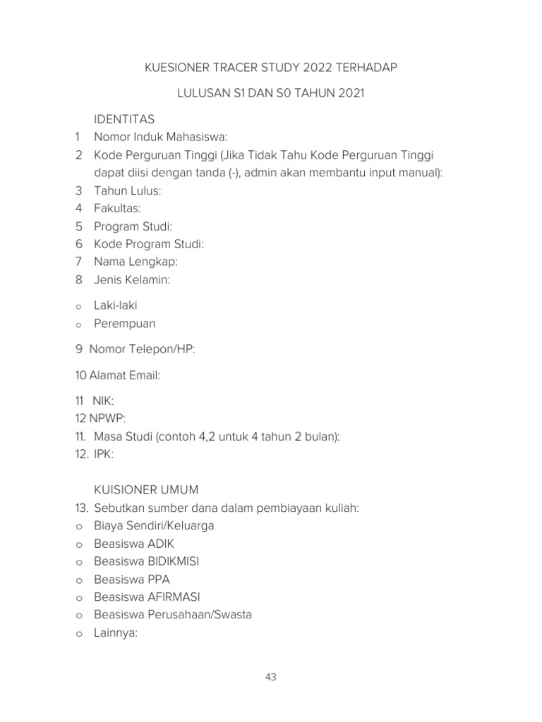 Kuesioner Tracer Study Lulusan 2022 | PDF | Karier & Perkembangan