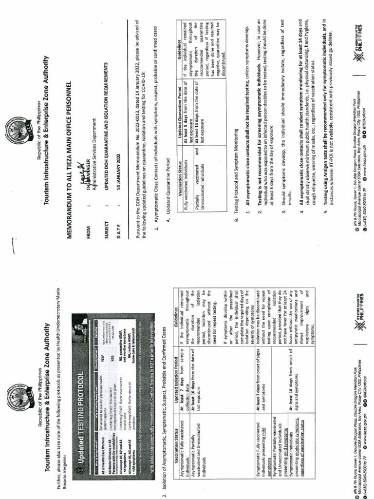 CY 2022 Work Protocol Health Measures in The Workplace Re DOH Quarantine Isolation Requirements