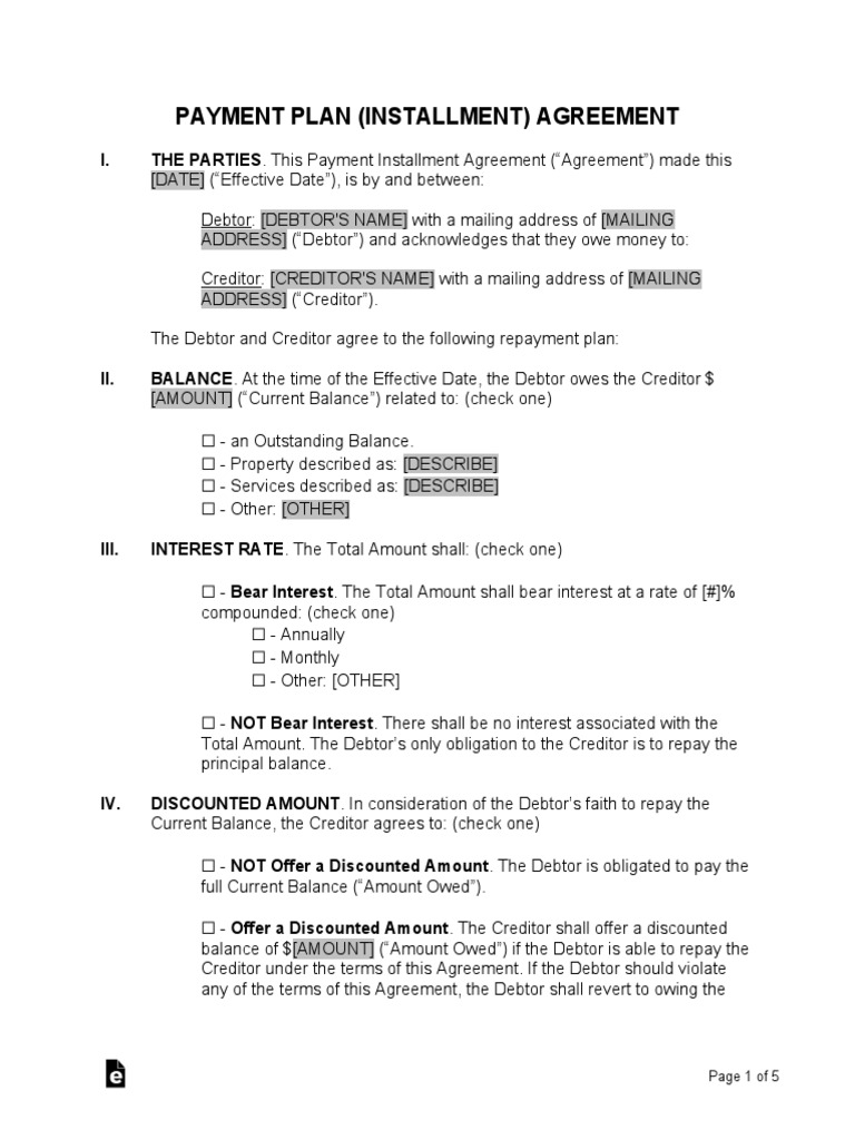 Payment Installment Agreement Template | PDF | Debt | Debtor