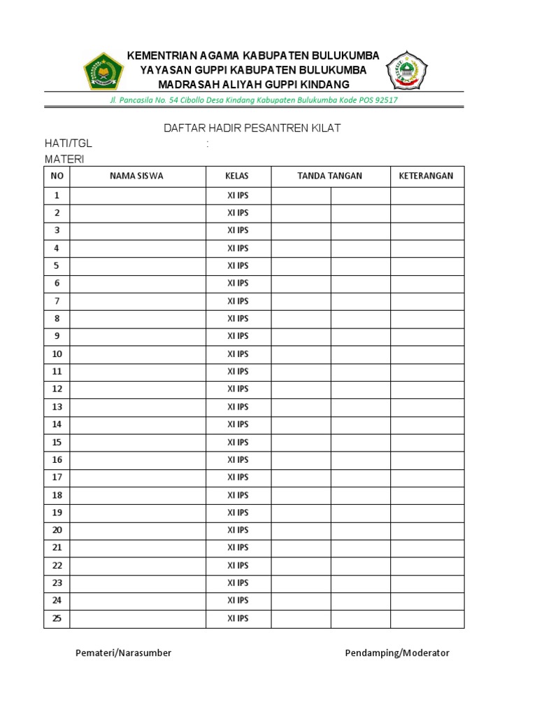 Daftar Hadir Pesantren Kilat | PDF