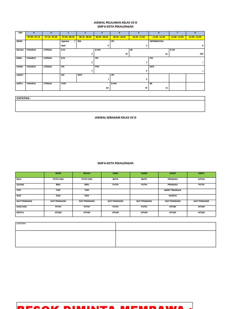 Jadwal Pelajaran Kelas Vii D | PDF