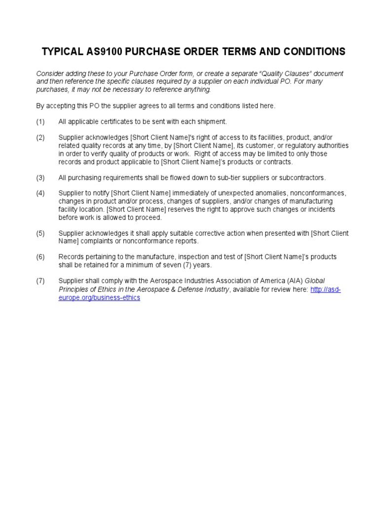 AS9100 Purchase Order Terms Overview | PDF