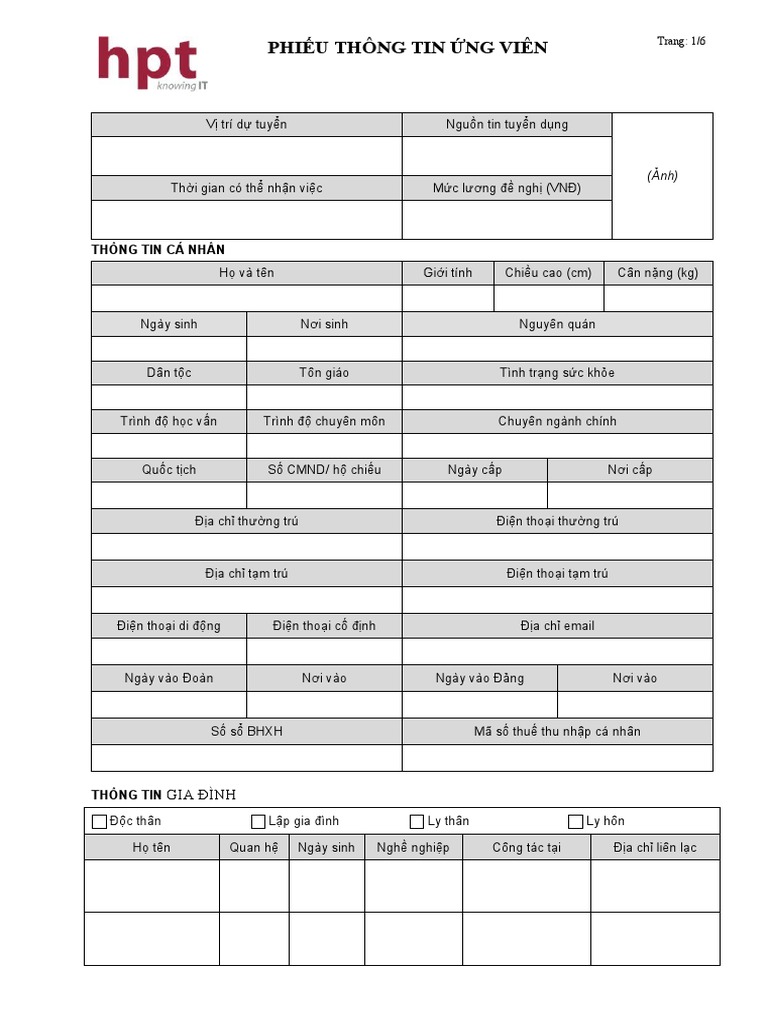 Phieu Thong Tin Ung Vien | PDF