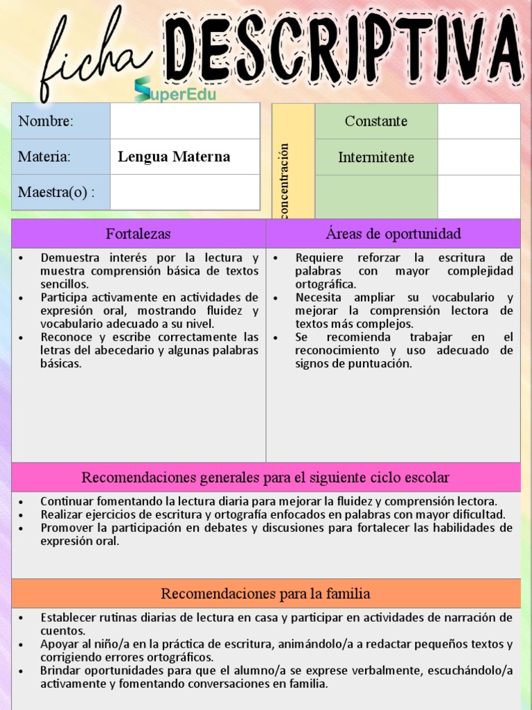 Fichas Descriptivas para Primer Grado | PDF | Comprensión lectora ...