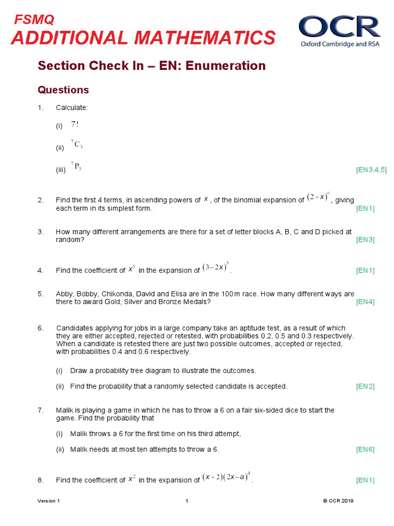 Enumeration Practice for FSMQ GCSE | PDF | Statistics