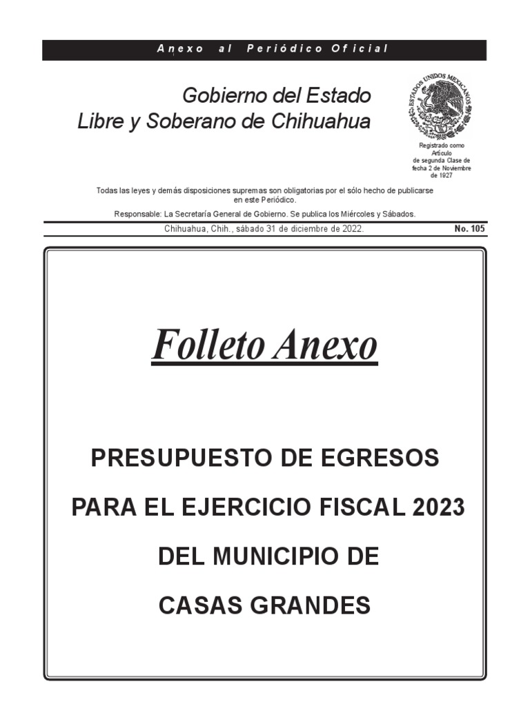 Folleto Anexo: Presupuesto de Egresos para El Ejercicio Fiscal 2023 Del ...