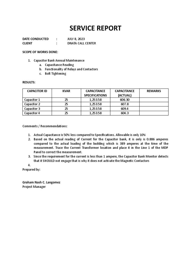Capacitor Bank Testing Report | PDF