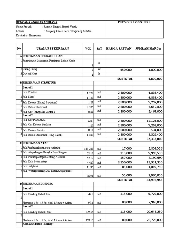 Format BQ untuk Proyek Rumah Verdy | PDF