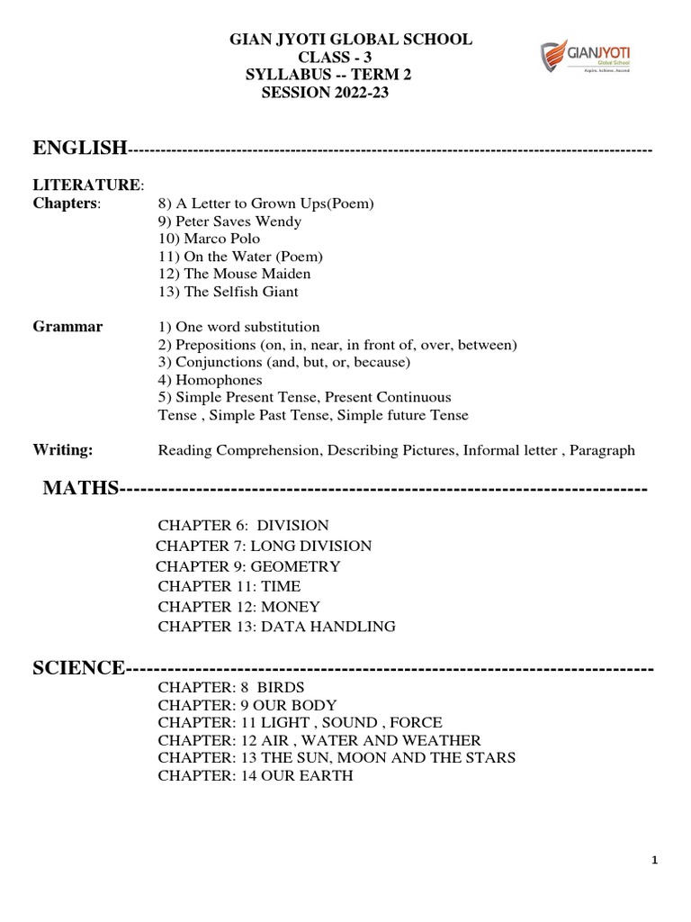Class 3 Term 2 Syllabus 2022-23 | PDF | Foreign Language Studies ...