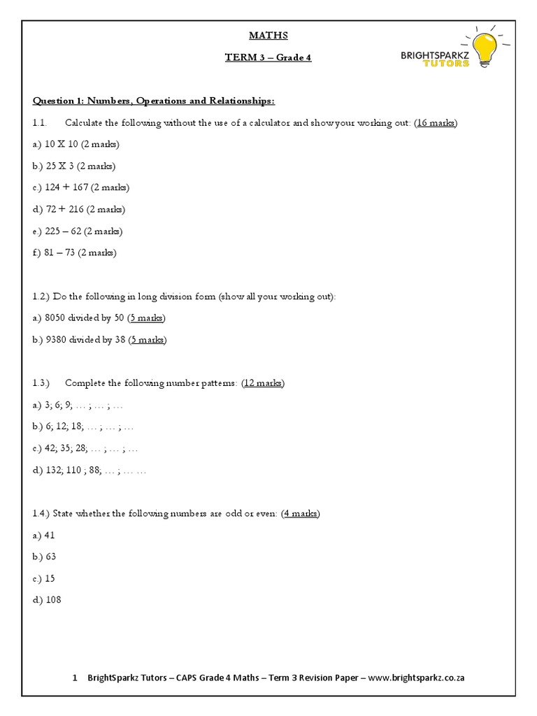 Grade 4 Term 3 Maths Revision Paper | PDF | Area | Elementary Geometry