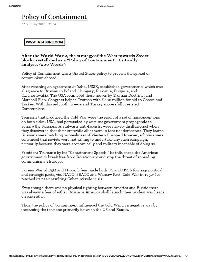 Policy of Containement PDF Containment Cold War