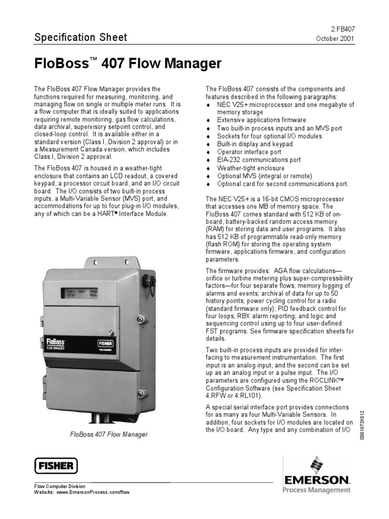 FloBoss 407 Flow Manager - Specification Sheet | PDF | Programmable ...