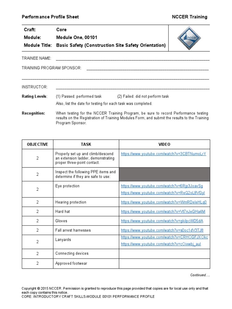 Performance Profile Sheet NCCER Training-1 | PDF | Tools | Drill