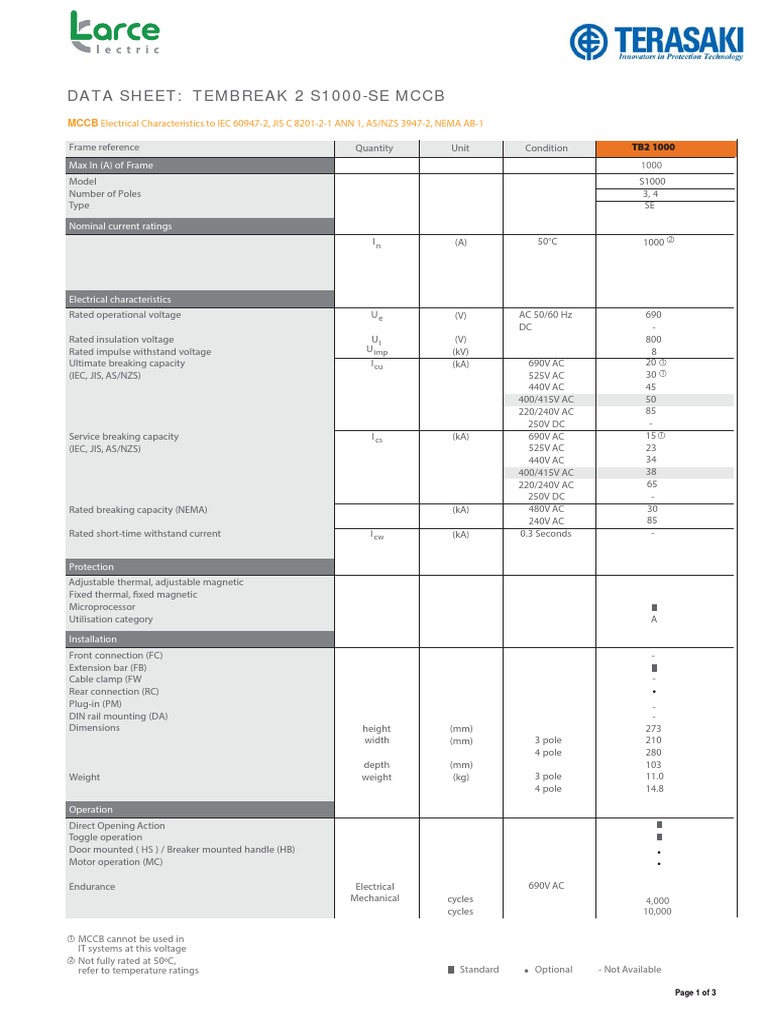 TEMBREAK S1000-SE MCCB Data Sheet | PDF | Alternating Current ...