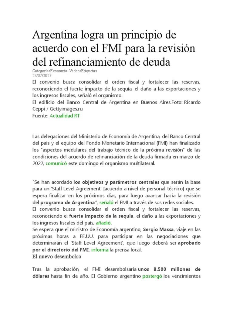 Argentina Logra Un Principio de Acuerdo Con El FMI | PDF | Fondo ...