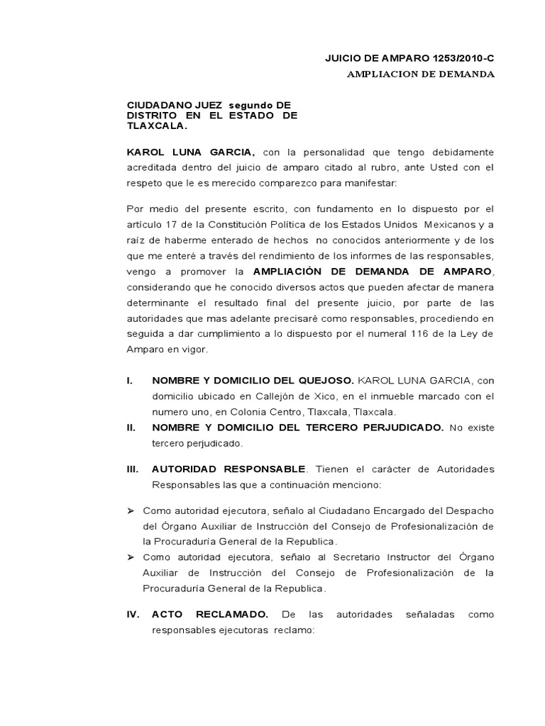 Ampliación de Demanda de Amparo 1253/2010-C | PDF | Caso de ley ...