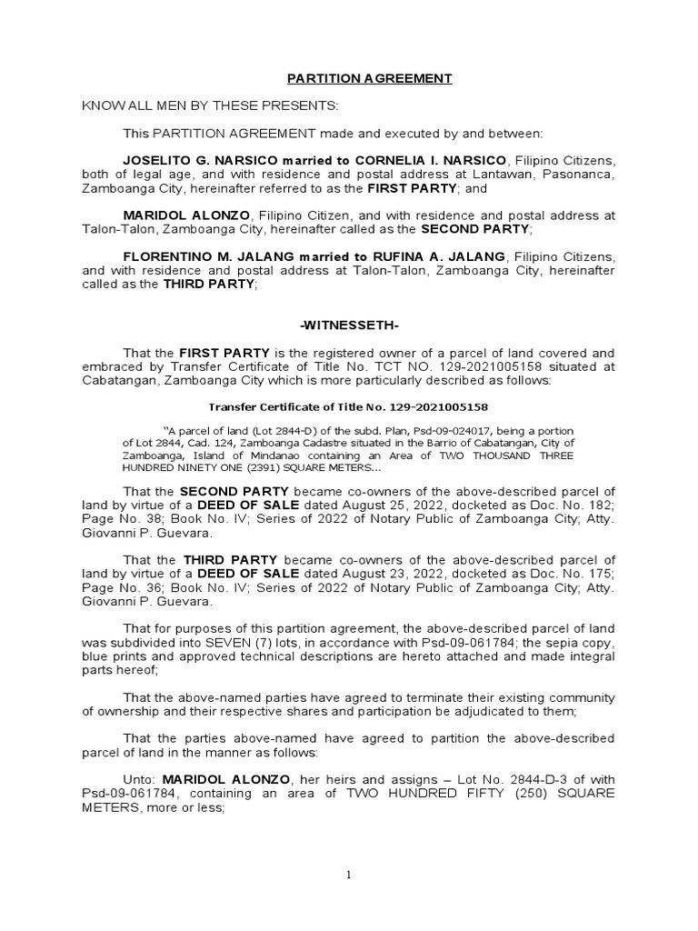 Partition Agreement Jalang PDF Land Law Real Property Law