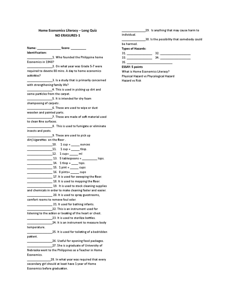 Home Economics Literacy Pdf Materials