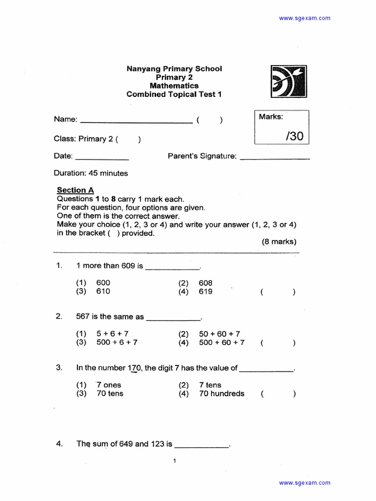 2019 P2 Math Topical Test 1,2,3 Nanyang PDF