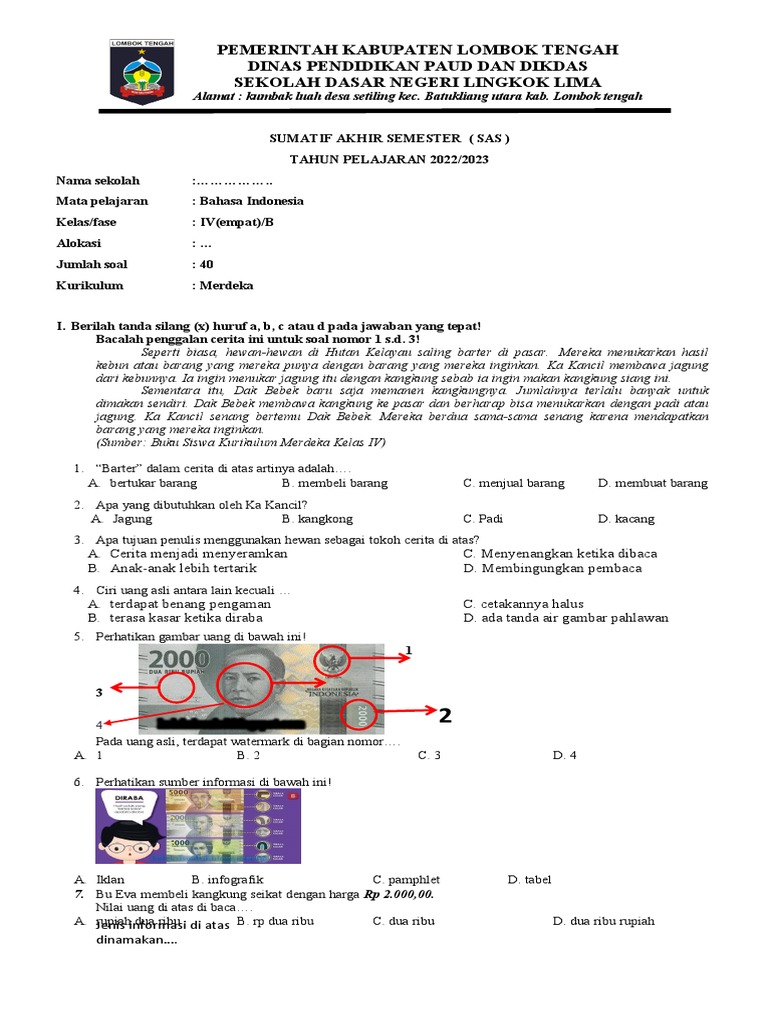 Soal SAS Bahasa Indonesia Kelas 4 Semester 2 | PDF | Seni