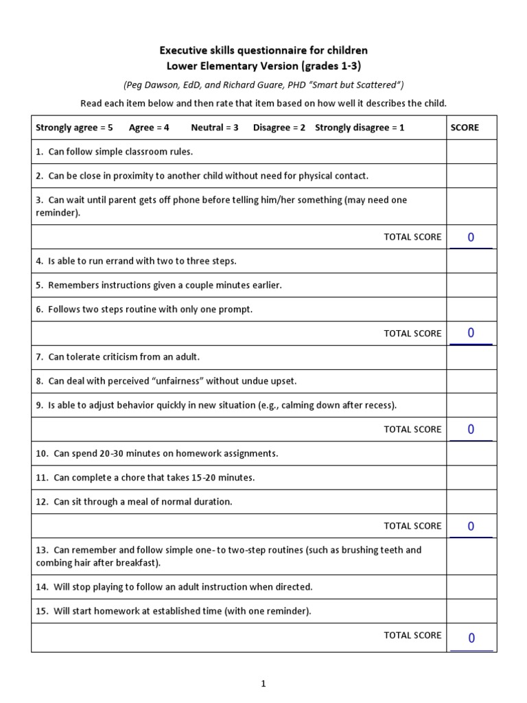 S6 ExecutiveSkills Questionnaire Grades 1 3 | PDF | Cognitive ...