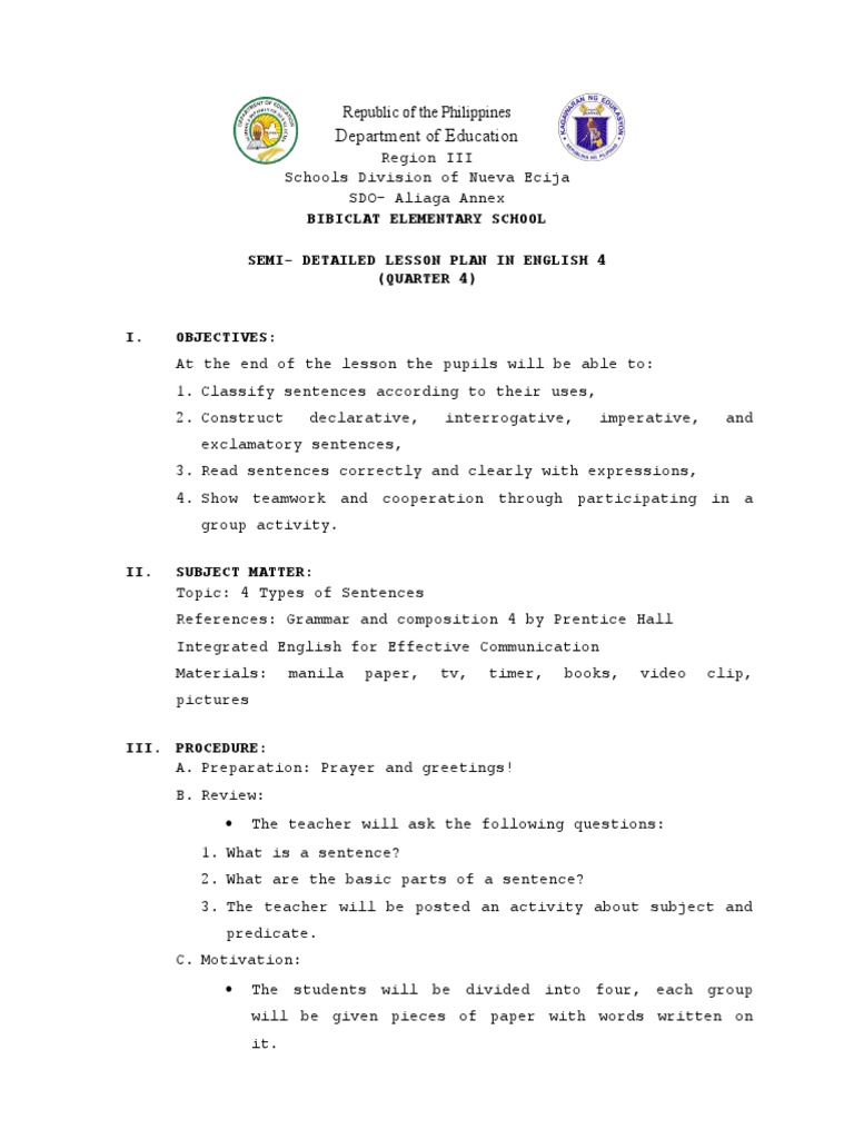 Cot Lesson Plan-4th Quarter-English | PDF | Sentence (Linguistics ...