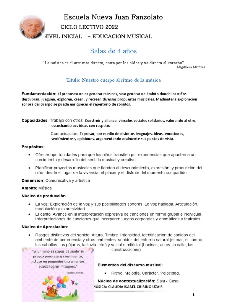 PLANIFICACIÓN NIVEL INICIAL SALA 4 Marzo - Abril | PDF | Sonido | Canciones