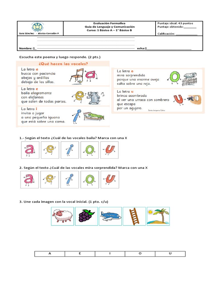 Evaluación de Vocales para 1° Básico | PDF | Artes del Lenguaje y ...