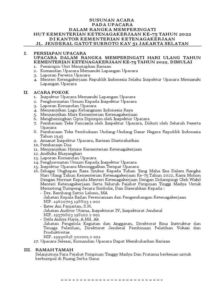 Revisi Rundown Upacara Hut Kemnaker Ke 75 Tahun 2022 Pdf