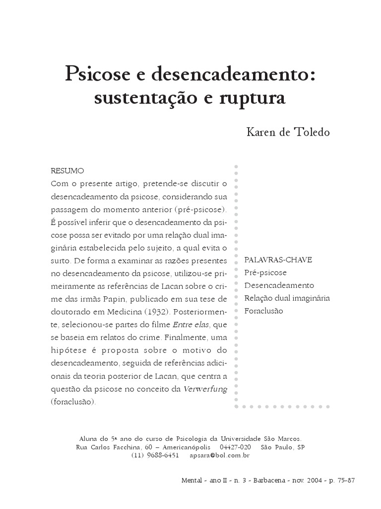 Psicose e desencadeamento; sustentação e ruptura | PDF | Jacques Lacan ...