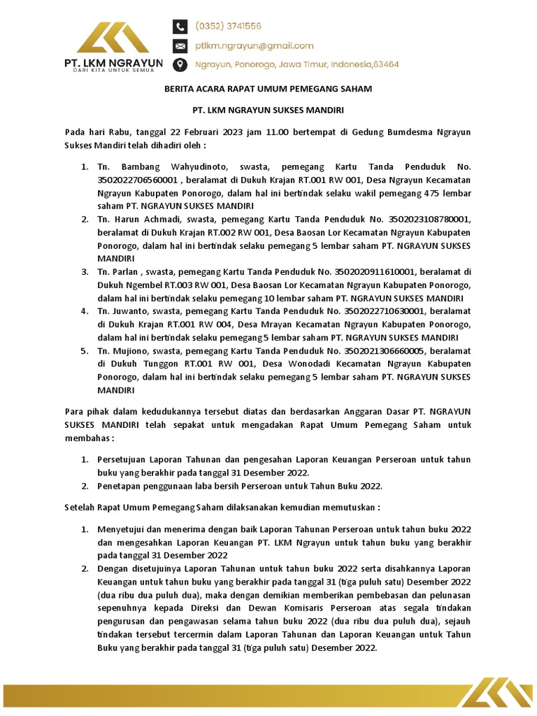 Berita Acara RUPS PT. LKM Ngrayun | PDF