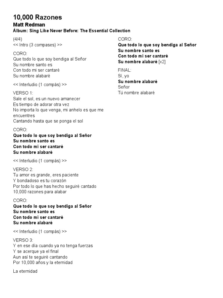 Letra de 10,000 Razones | PDF