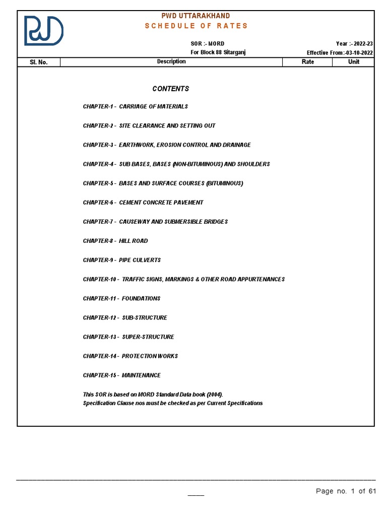 Block 88 Sitarganj SoR MORD PDF Construction Aggregate Masonry