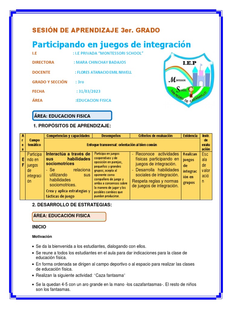 SESIÓN DE APRENDIZAJE 3er - GRADO EDUCACION FISICA 2023docx | PDF ...