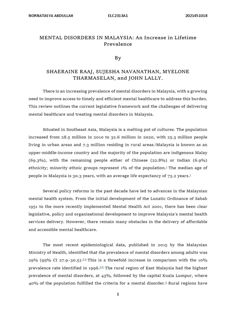 Article (Mental Disorders in Malaysia) | PDF | Psychiatry | Mental Disorder
