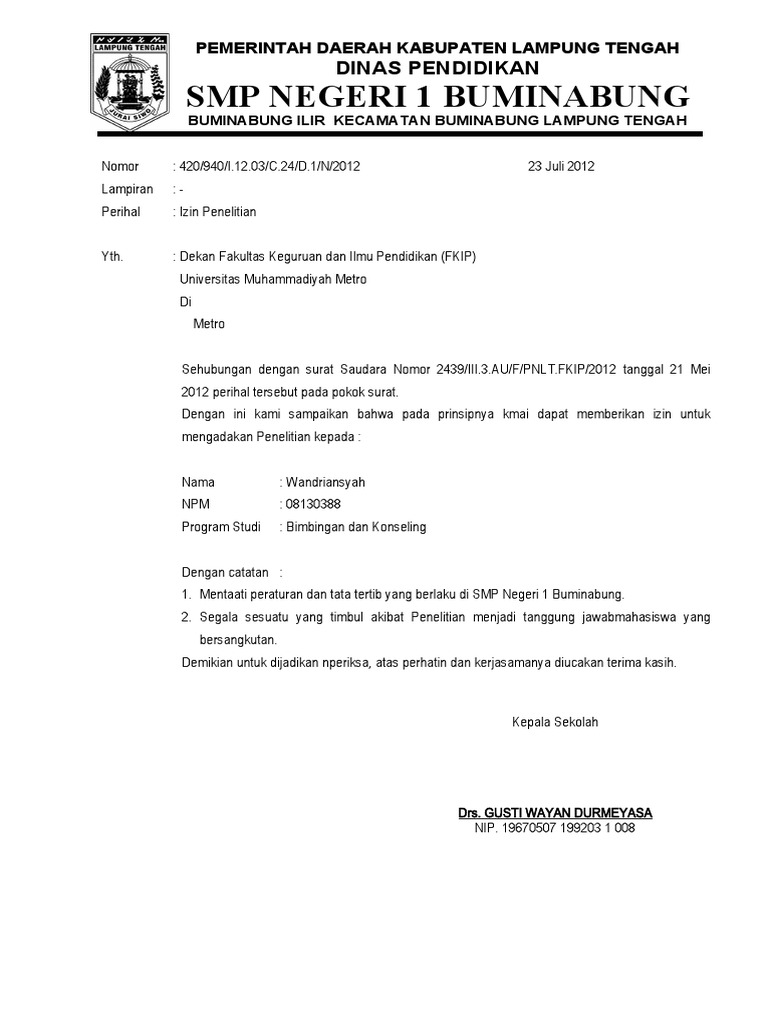 Surat Izin Penelitian Mahasiswa | PDF