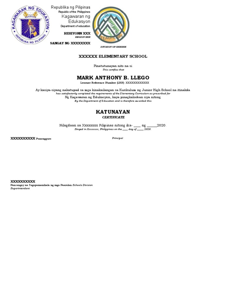 2020 junior high school certificate of completion teacherph pdf