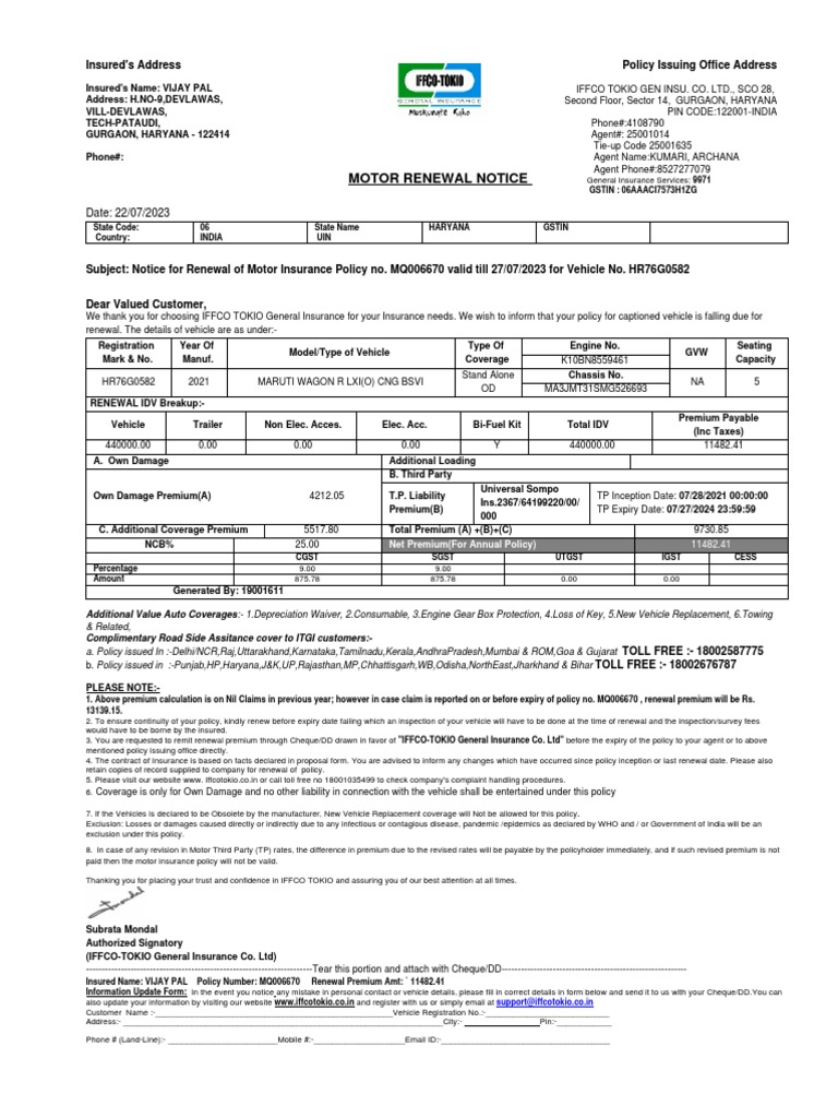 HR76G0582 Renewal | PDF | Insurance | Vehicle Insurance