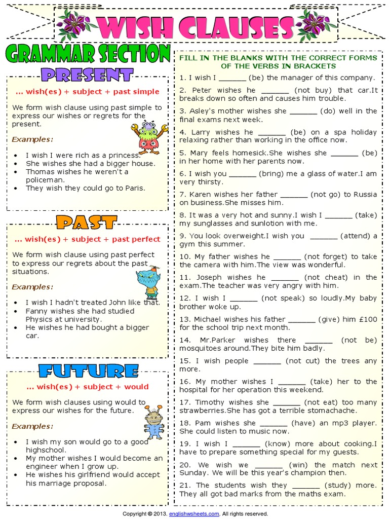 Wish Clauses Worksheet Grammar Explanation | PDF | Clause | Syntax