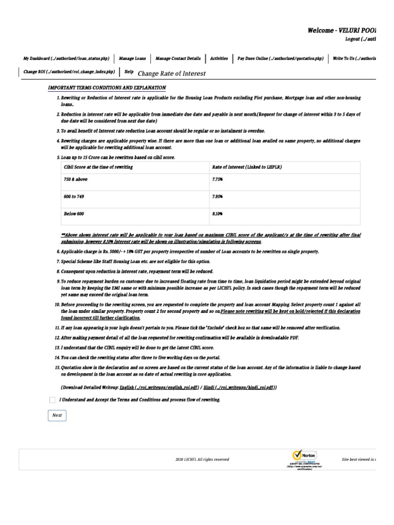 Change Rate of Interest LIC HFL Customer Portal PDF Loans
