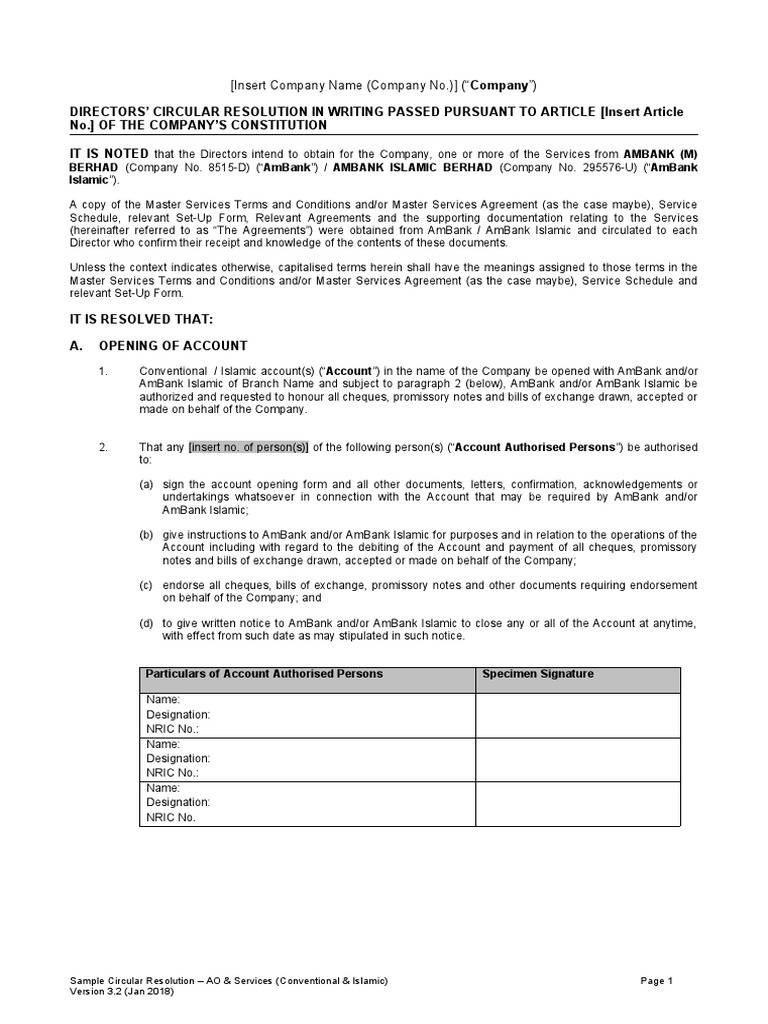 Directors' Circular Resolution for AmBank Account | PDF | Negotiable ...