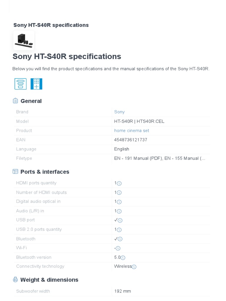 Sony HT-S40R Specifications | PDF | Hdmi | Loudspeaker