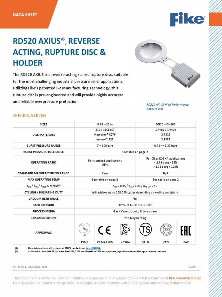 Rd520 Axius Reverse Acting, Rupture Disc & Holder: Specifications ...