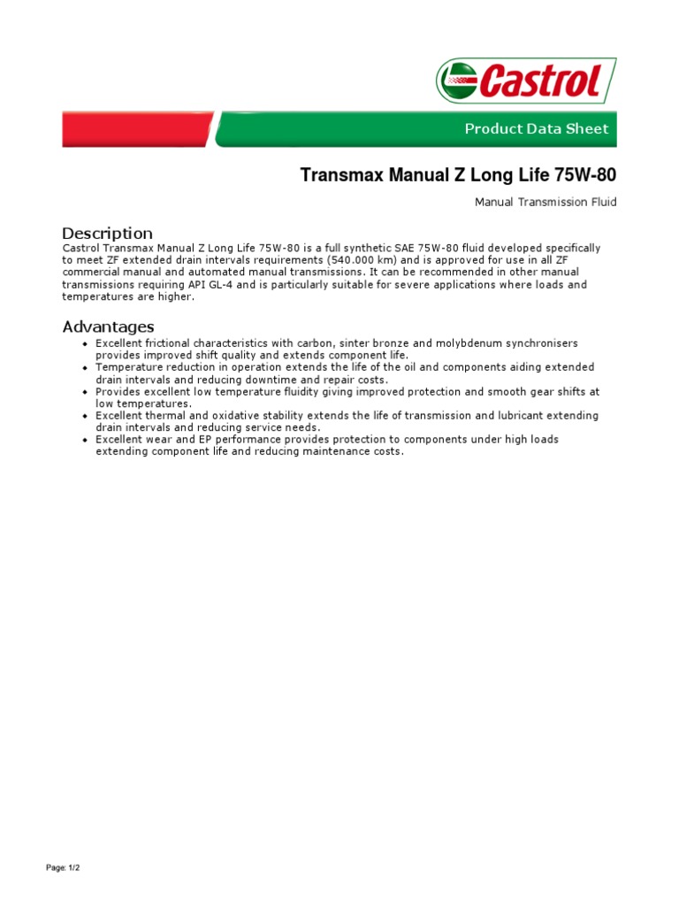 Manual Z Long Life 75W80 TDS PDF Viscosity Manual Transmission