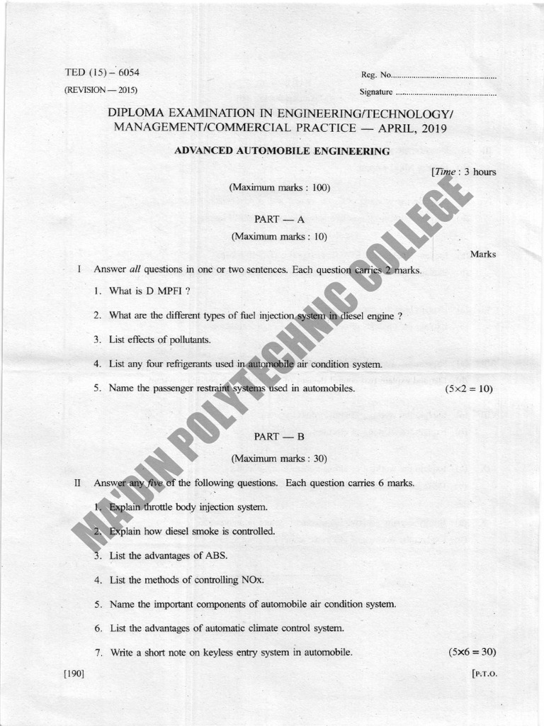 College College Diploma Examination in PDF Fuel Injection Propulsion